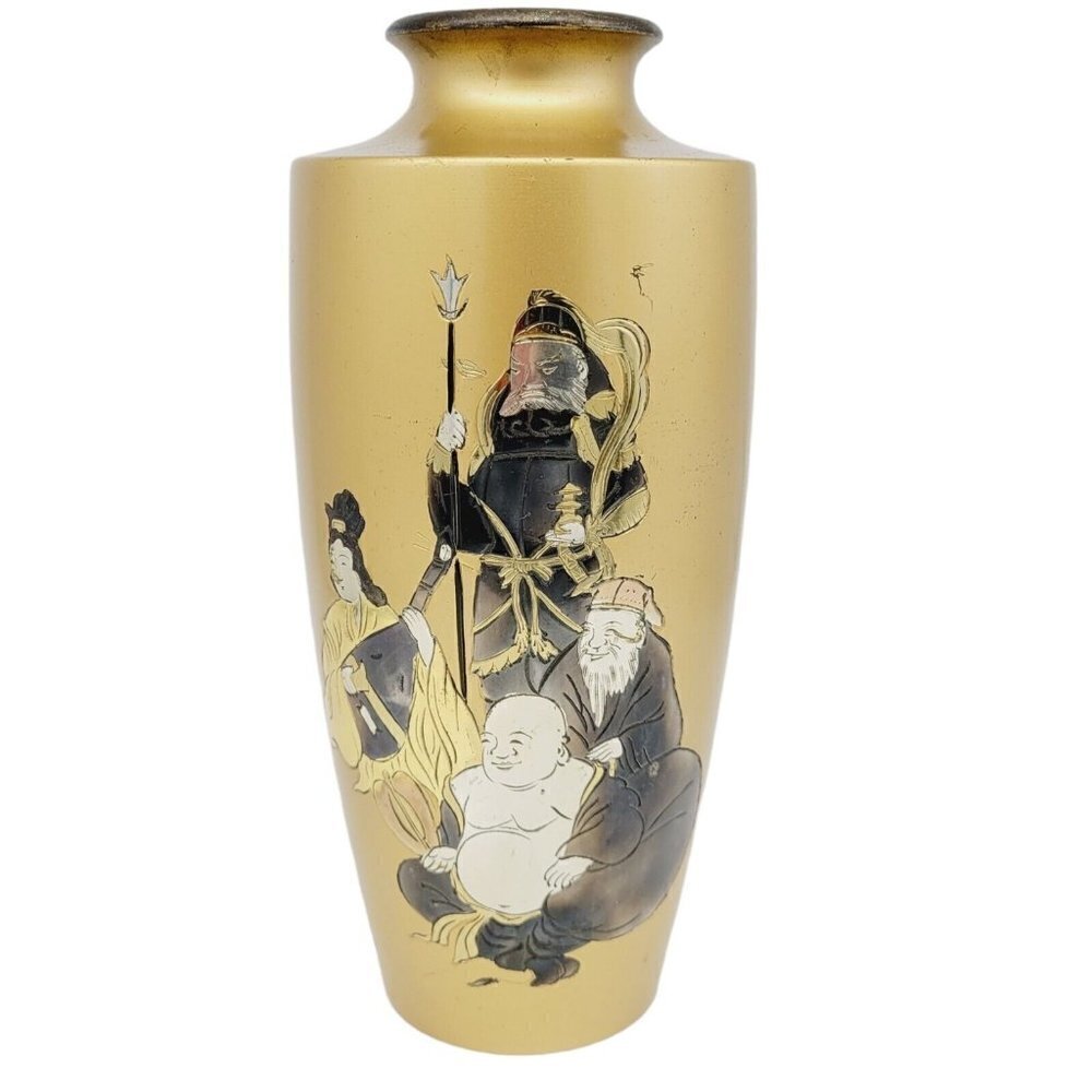 Vintage Japanese Mixed Metal Vase 8.25" Etched Engraved Signature Gold Asian